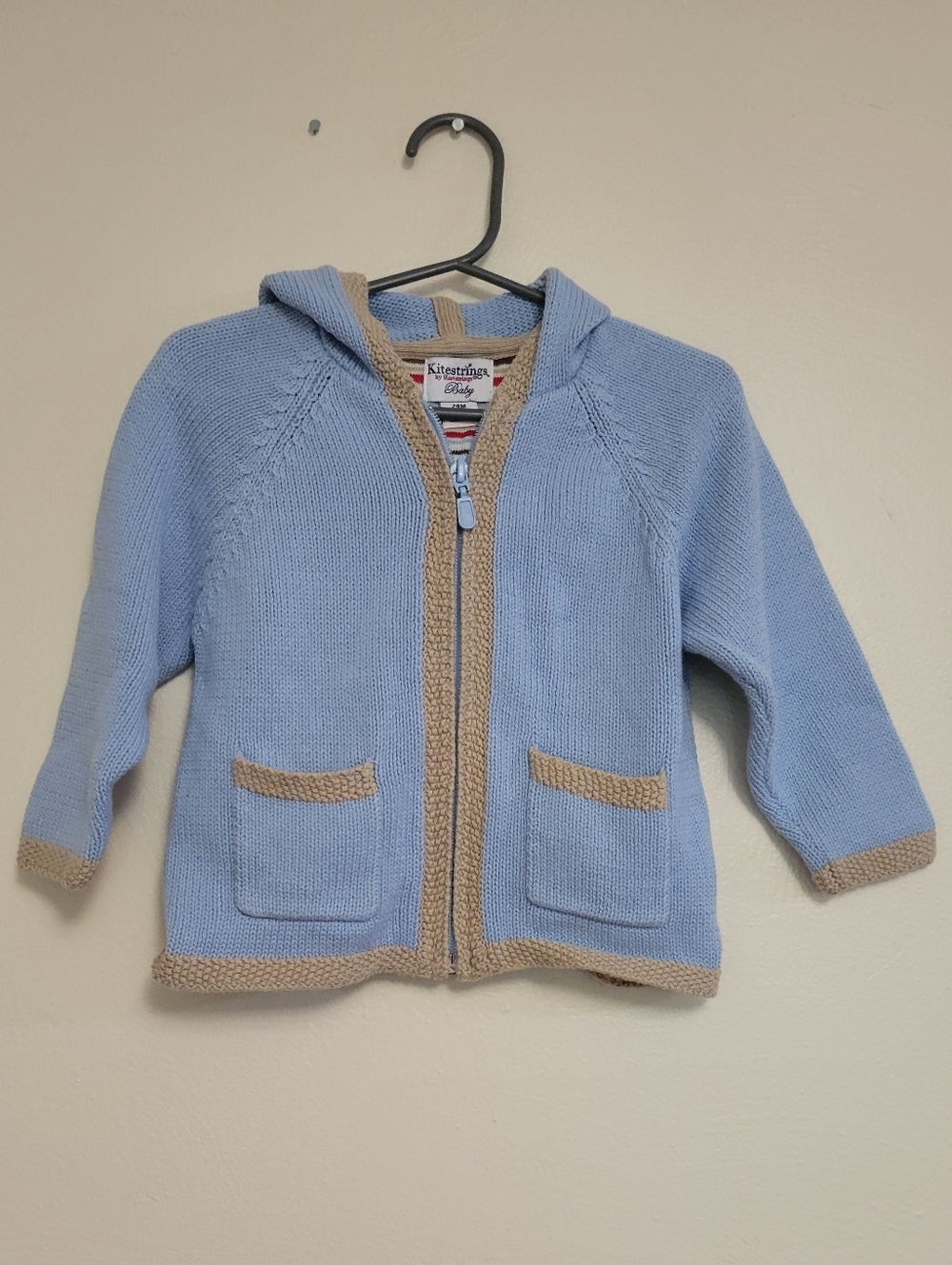Vintage Hartstrings Light Blue and Tan Hooded Knit Sweater Size 24 Months